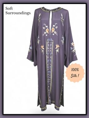 Vintage Soft Surroundings Embroidered Plum Silk Kimono Maxi Midi Dress Large